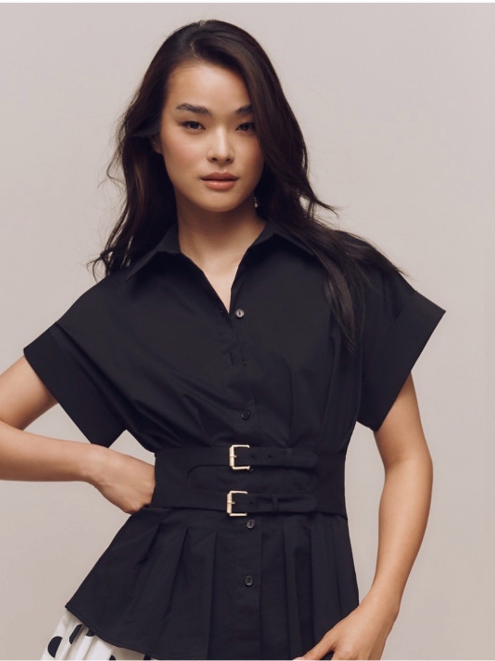 Exquise The Tobie Black Pleated Blouse Double Buckle Peplum Size SP